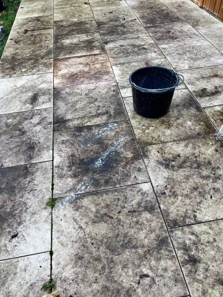 Patio before cleaning — green algae, moss and black spots, Dublin
