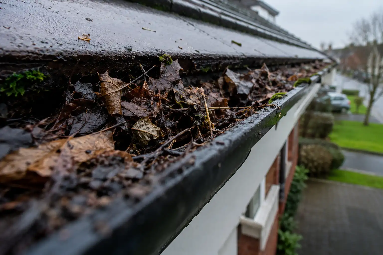 Blocked Dublin gutter packed with wet leaves and moss