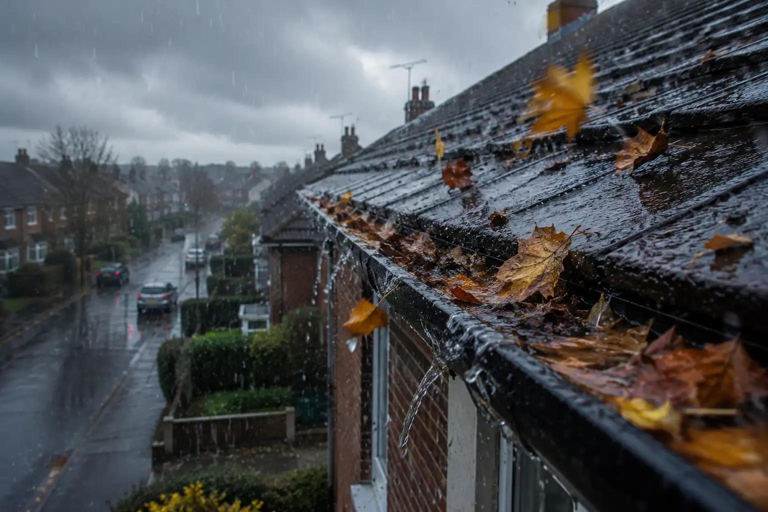 Heavy autumn rain pouring over a blocked gutter on a Dublin terraced house