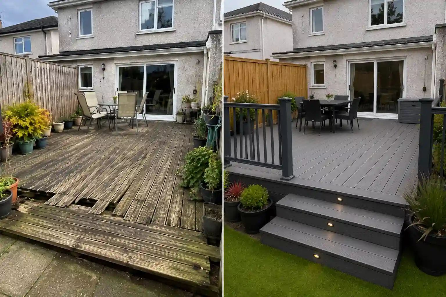 Before and after decking replacement in Dublin — old lifted damaged timber deck versus new composite deck with steps and LED lighting