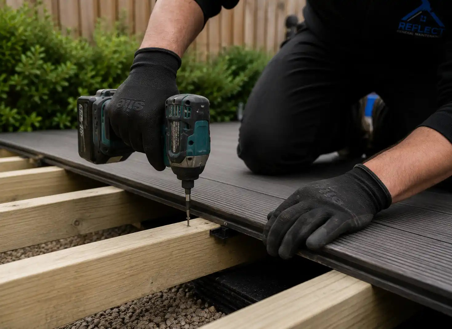 Close-up of composite decking board being fixed to timber joist subframe in Dublin garden