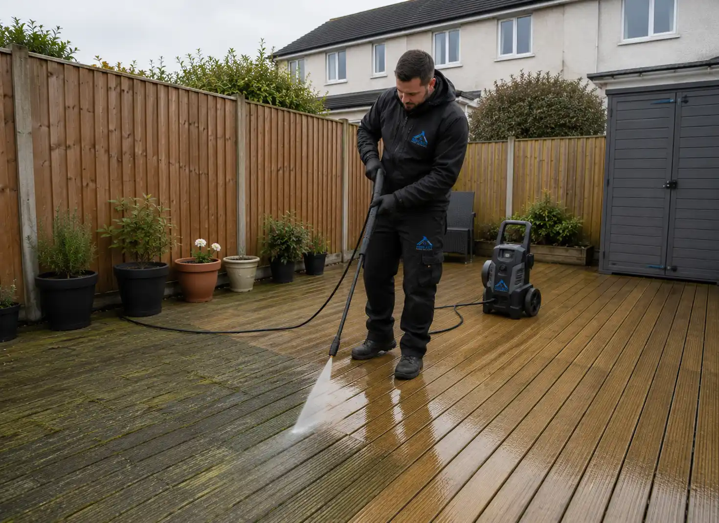 Reflect General Maintenance worker cleaning moss and algae off timber deck with pressure washer in Dublin garden