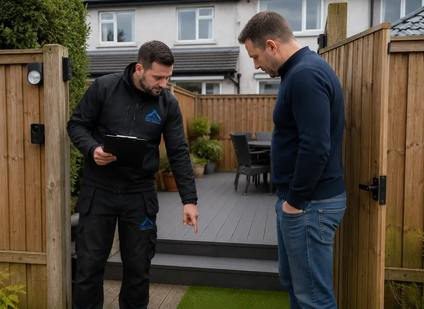 Reflect General Maintenance worker with clipboard discussing composite decking plans with Dublin homeowner at garden gate