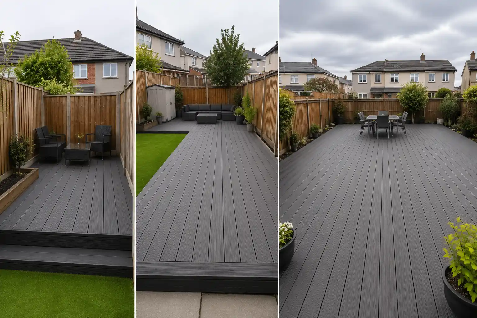 Three sizes of composite decking installations in Dublin gardens — small, medium and large deck comparison