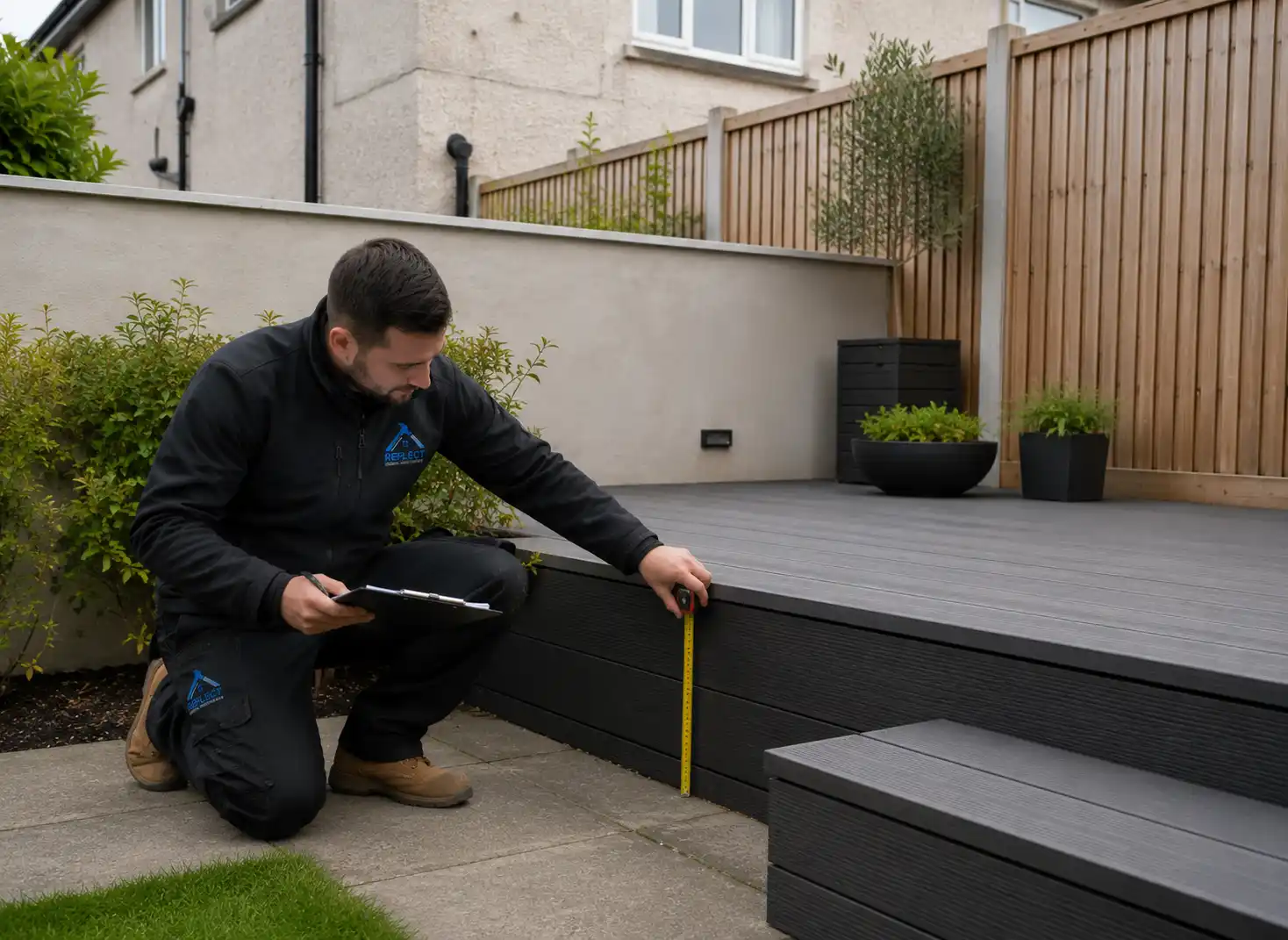 Reflect General Maintenance worker measuring composite deck step height beside Dublin garden boundary wall with clipboard