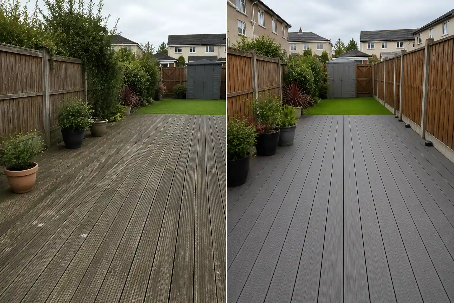 Side by side comparison of weathered grey timber decking versus clean modern composite decking in Dublin back garden