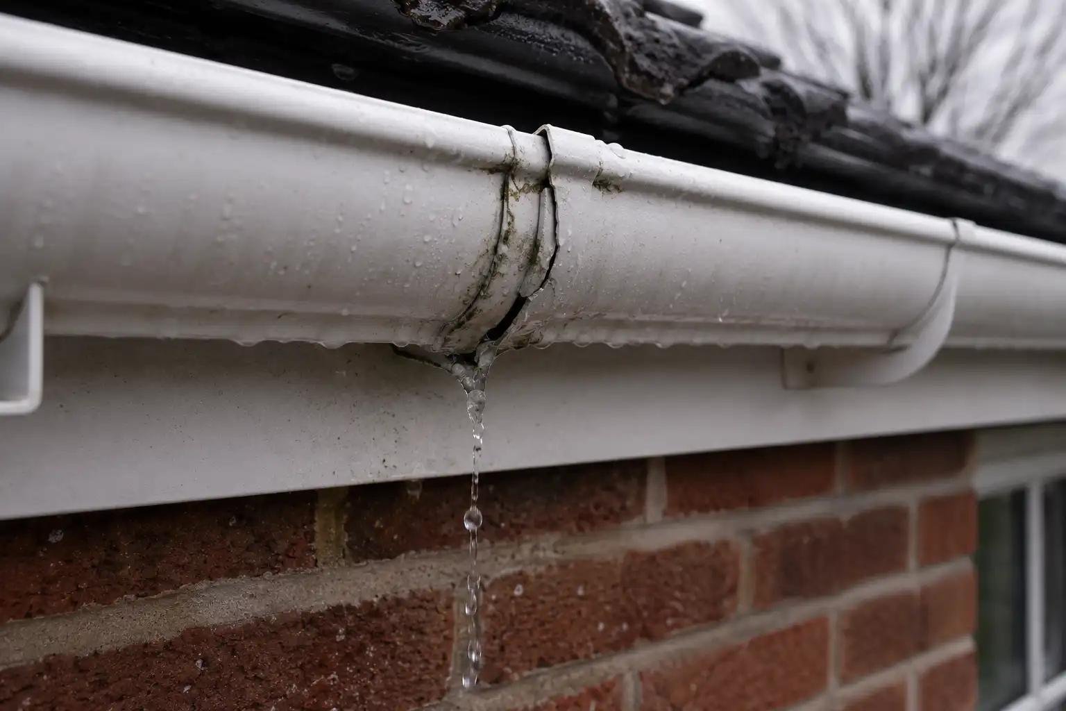 Cracked white uPVC gutter joint leaking water down a Dublin red brick wall
