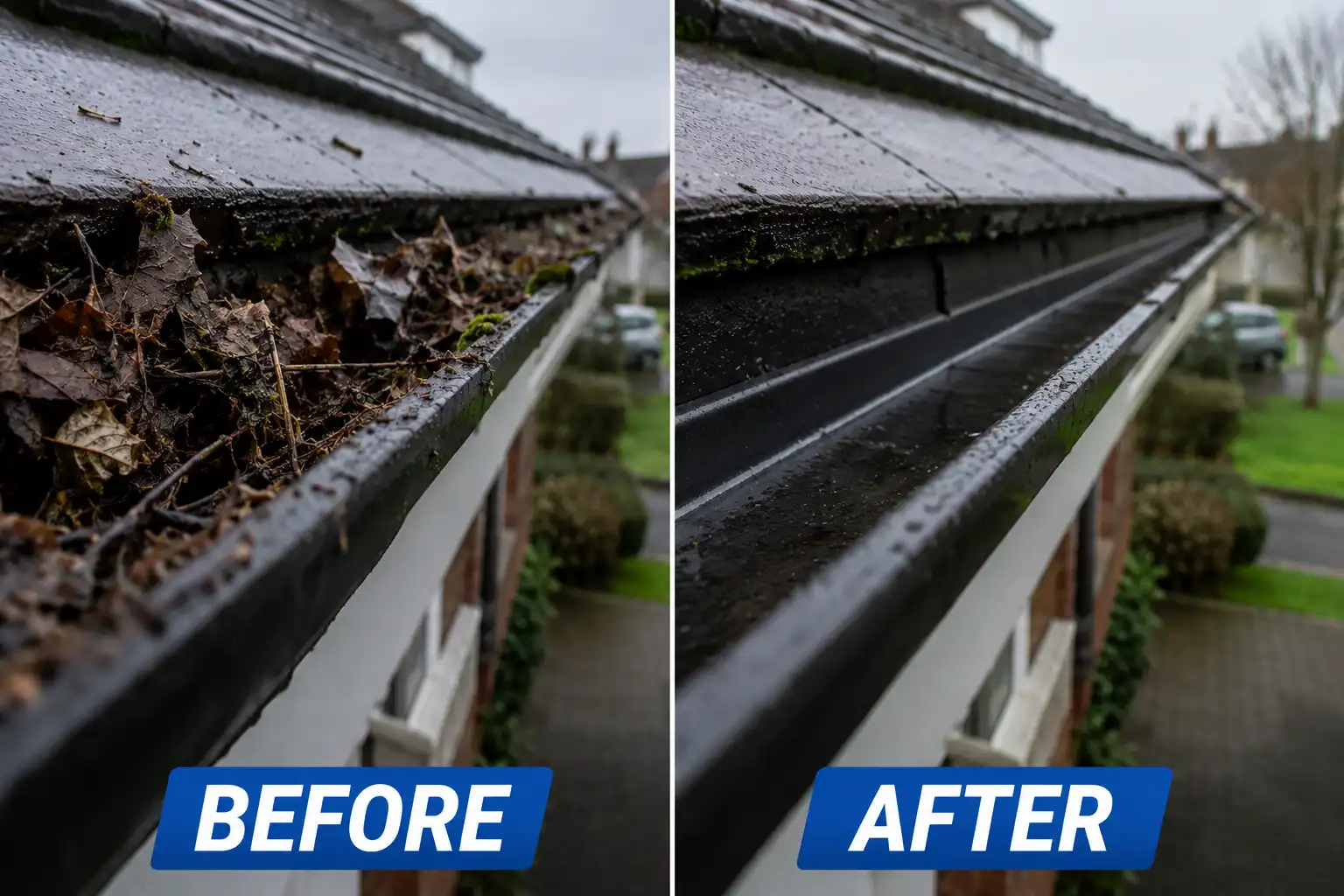 Before and after gutter cleaning on Dublin home — blocked vs fully cleared