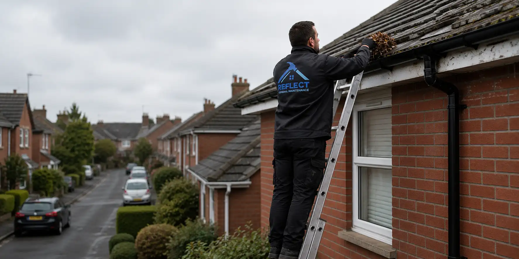 Reflect General Maintenance worker on ladder cleaning gutters on Dublin home