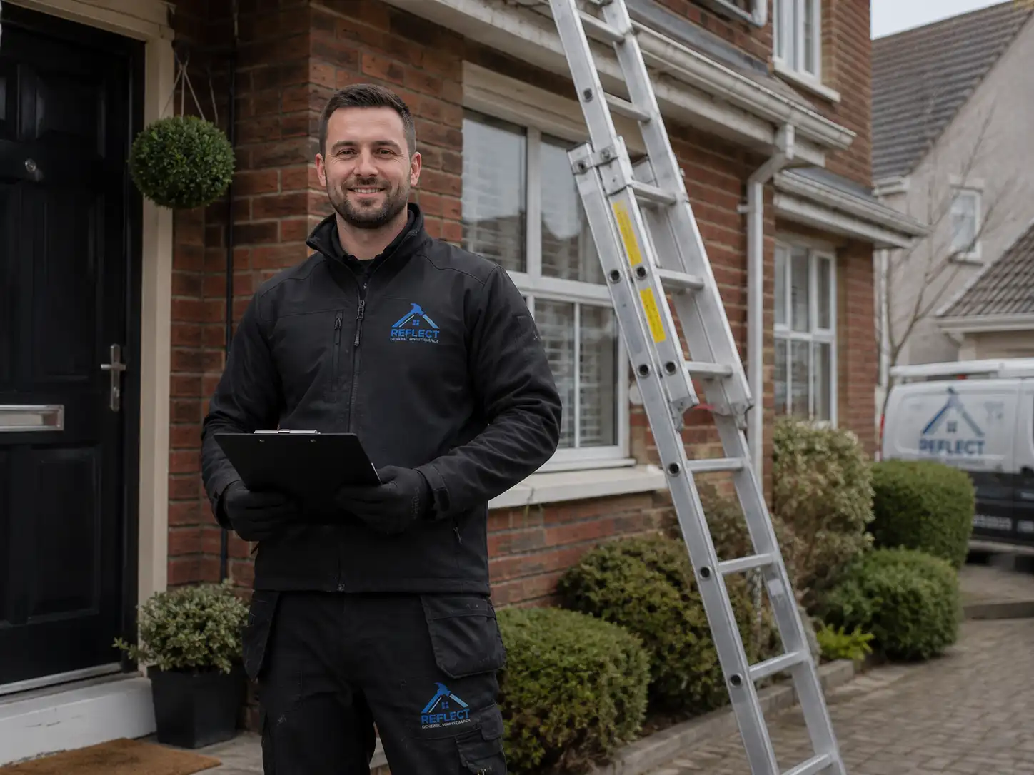 Reflect General Maintenance professional worker with clipboard and branded van outside Dublin home