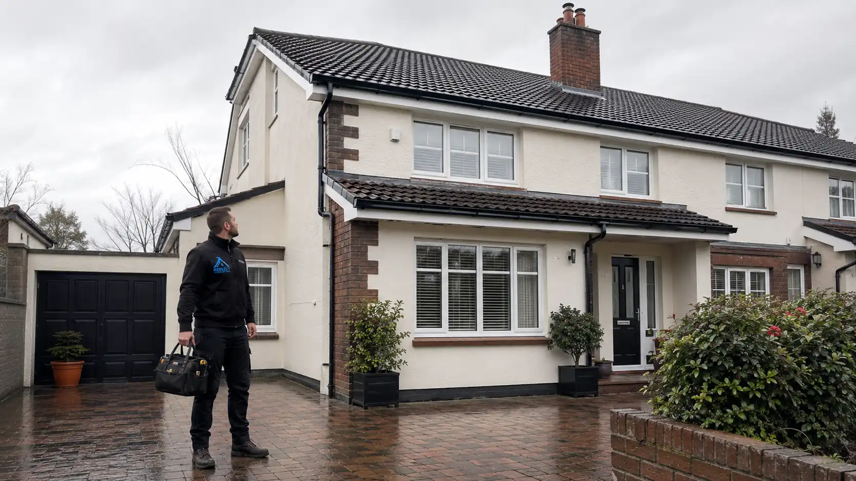 Reflect technician inspecting guttering on a house before repair