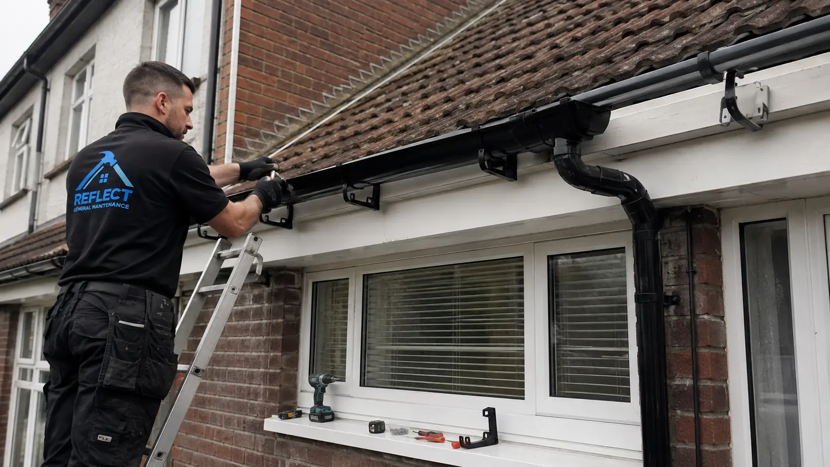 Gutter section being fitted during repair or installation work