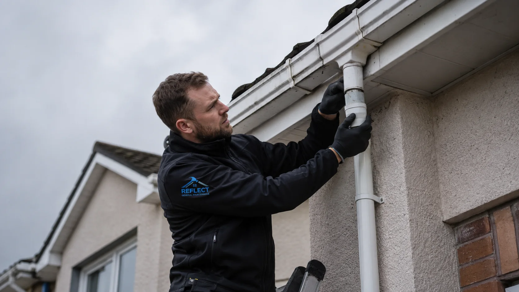Downpipe connection being fitted to guttering
