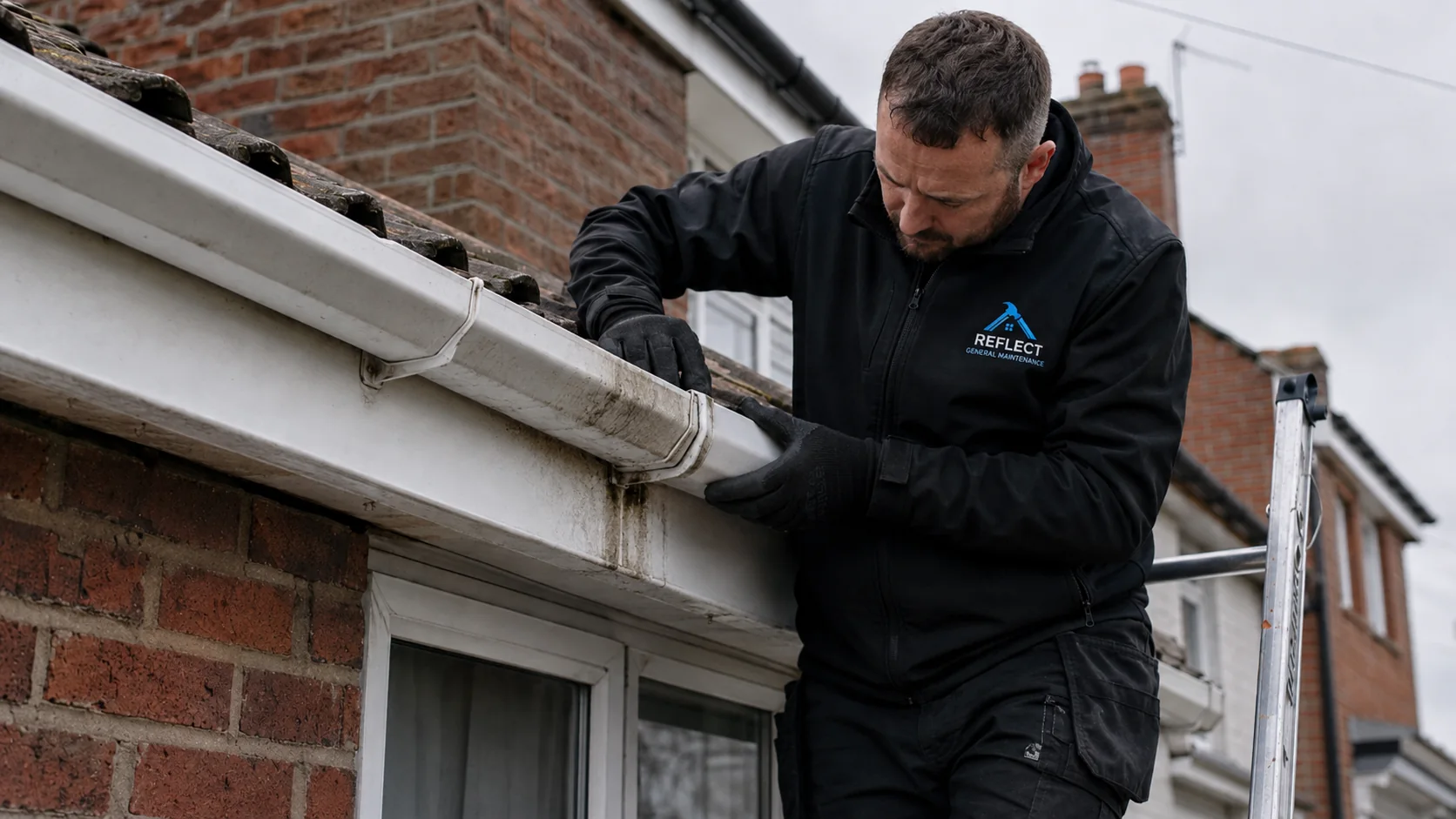 Gutter cleaning and maintenance work on roofline guttering