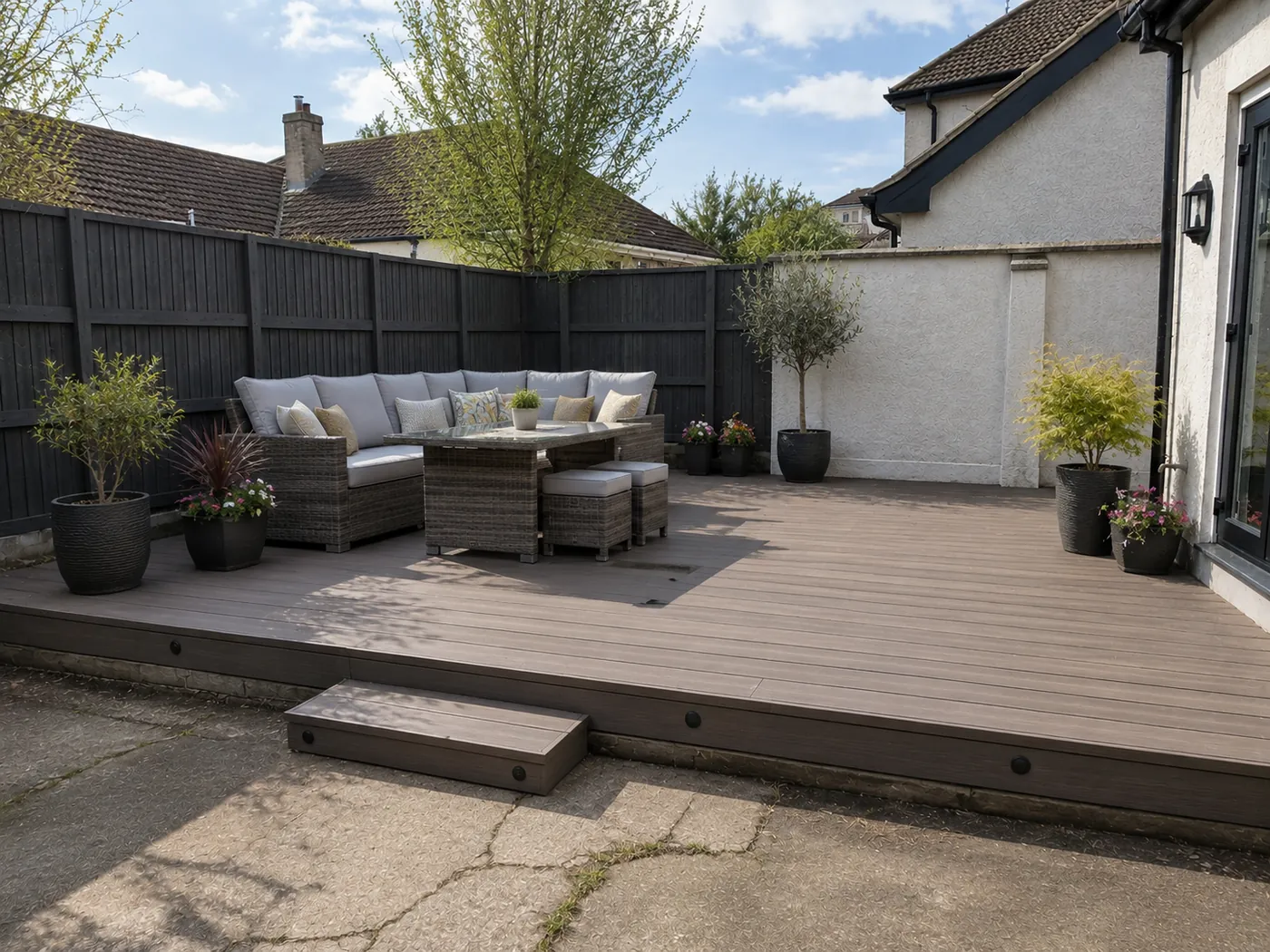 New composite decking installed in a Dublin garden