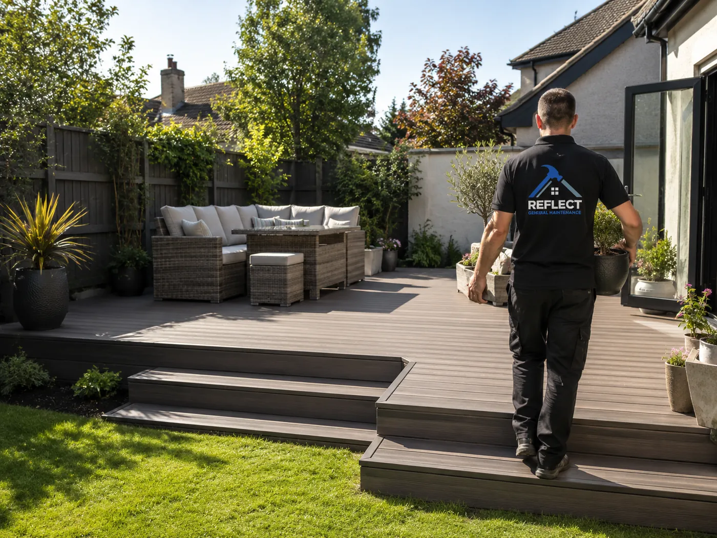 New composite decking installed in a Dublin garden by Reflect General Maintenance