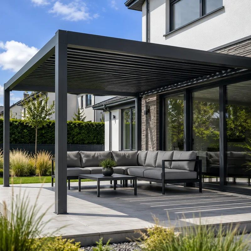 Modern anthracite aluminium louvred pergola over a paved patio in a Dublin garden by Reflect