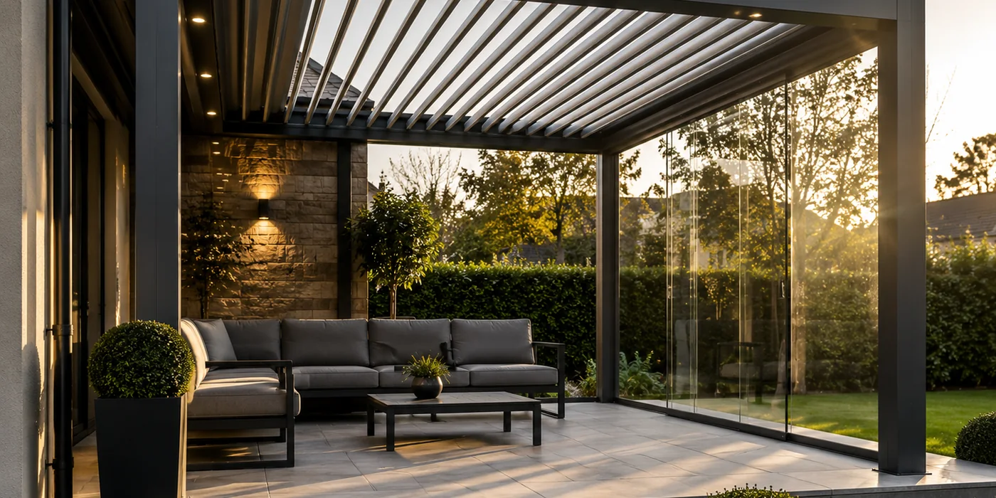 Bioclimatic louvred pergola with glass side panel at golden hour in a Dublin garden by Reflect