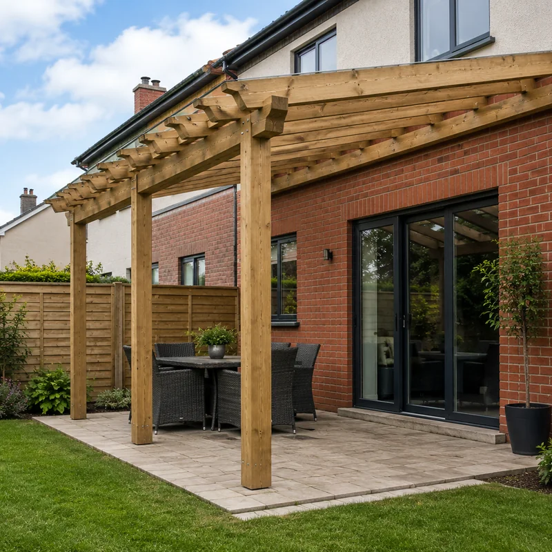 Lean-to timber pergola attached to a red-brick Dublin house over a patio dining set by Reflect