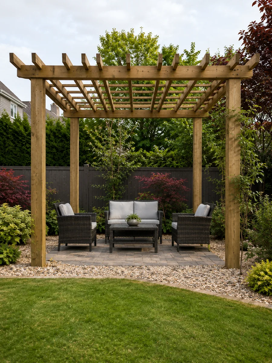 Freestanding timber pergola over a paved seating area in a landscaped Dublin garden by Reflect