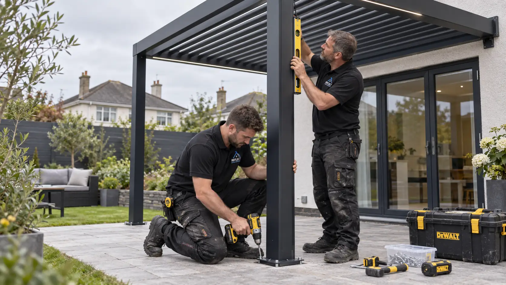 Black aluminium louvered pergola used as a design reference