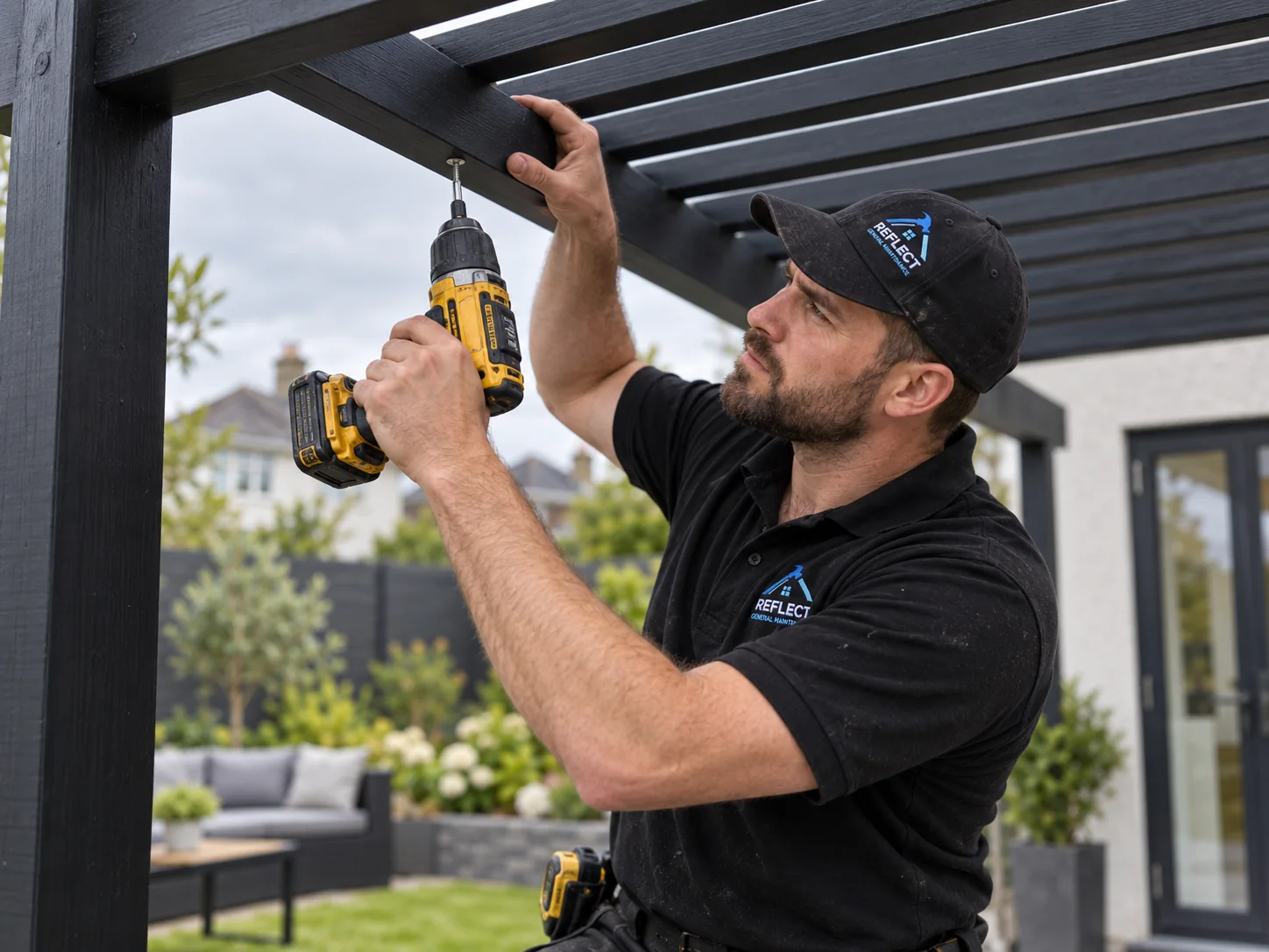 Close-up of black aluminium pergola frame and fitting detail