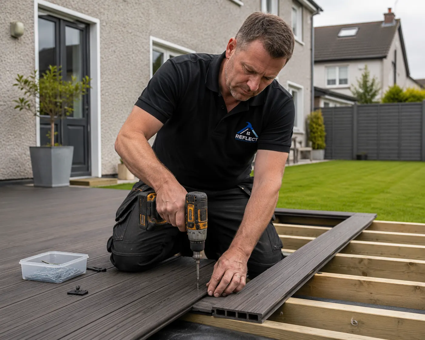 Composite decking board being fixed during a Reflect decking installation
