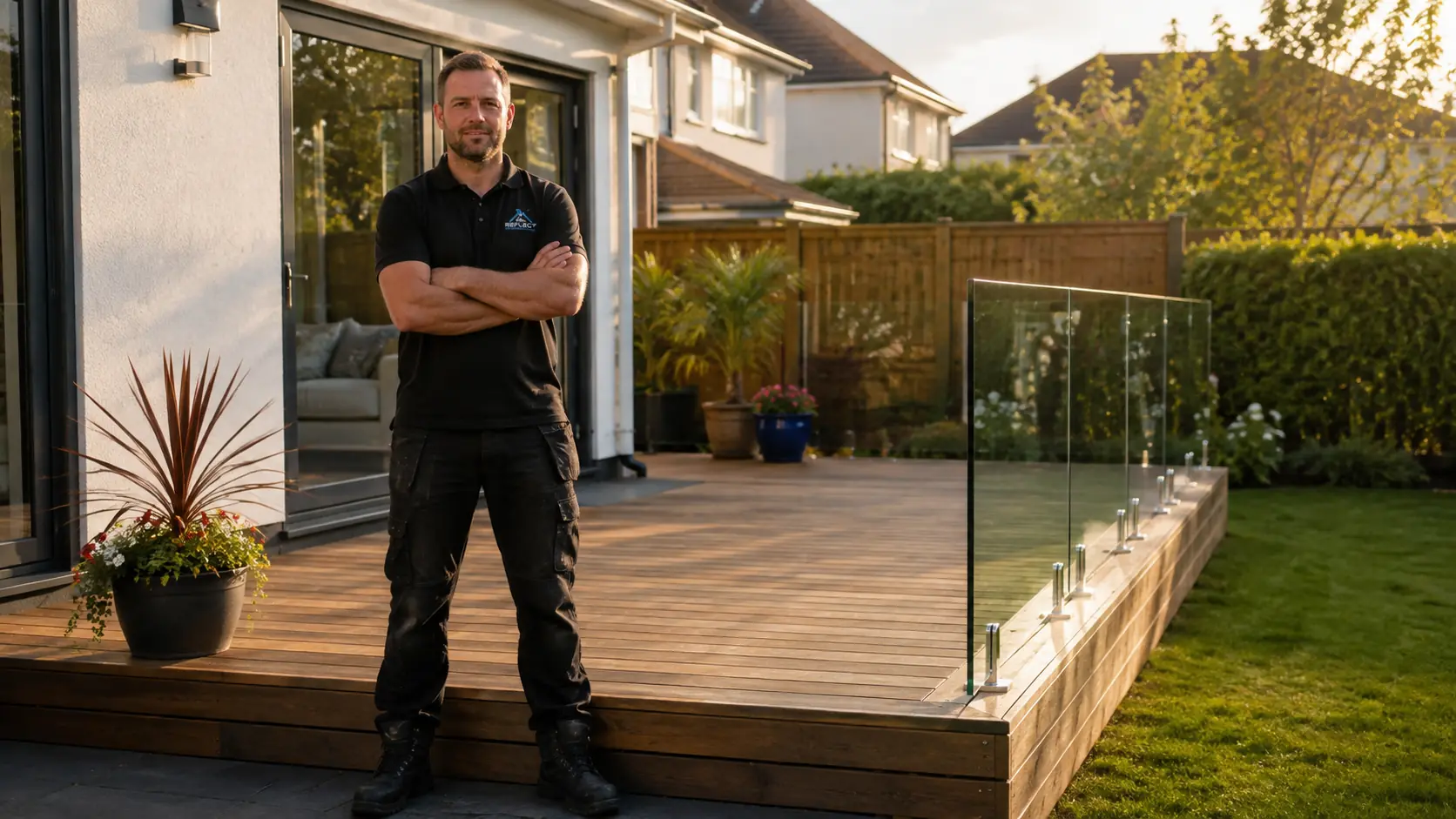 Finished decking installation with glass balustrade by Reflect General Maintenance