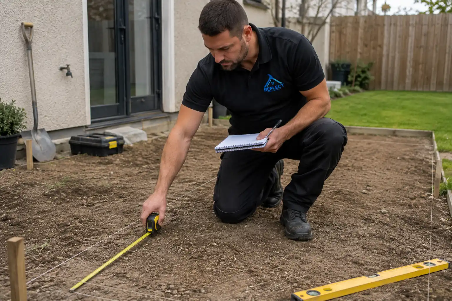 Decking area being measured and planned before installation by Reflect General Maintenance