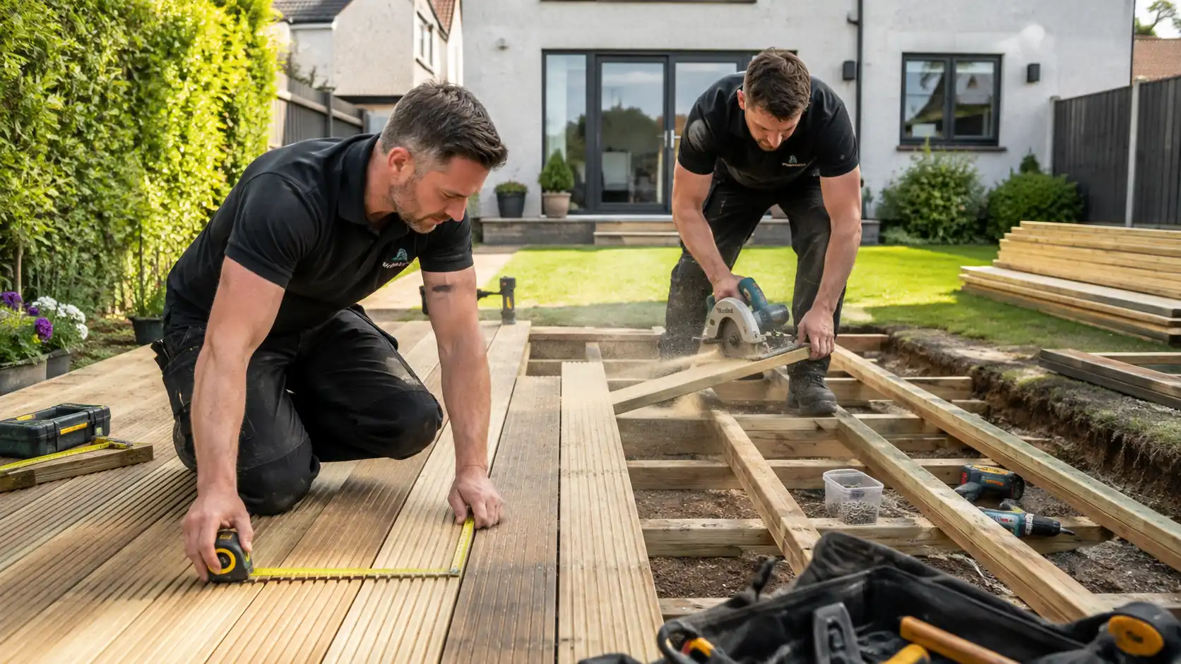 Timber decking being measured and cut during installation by Reflect General Maintenance