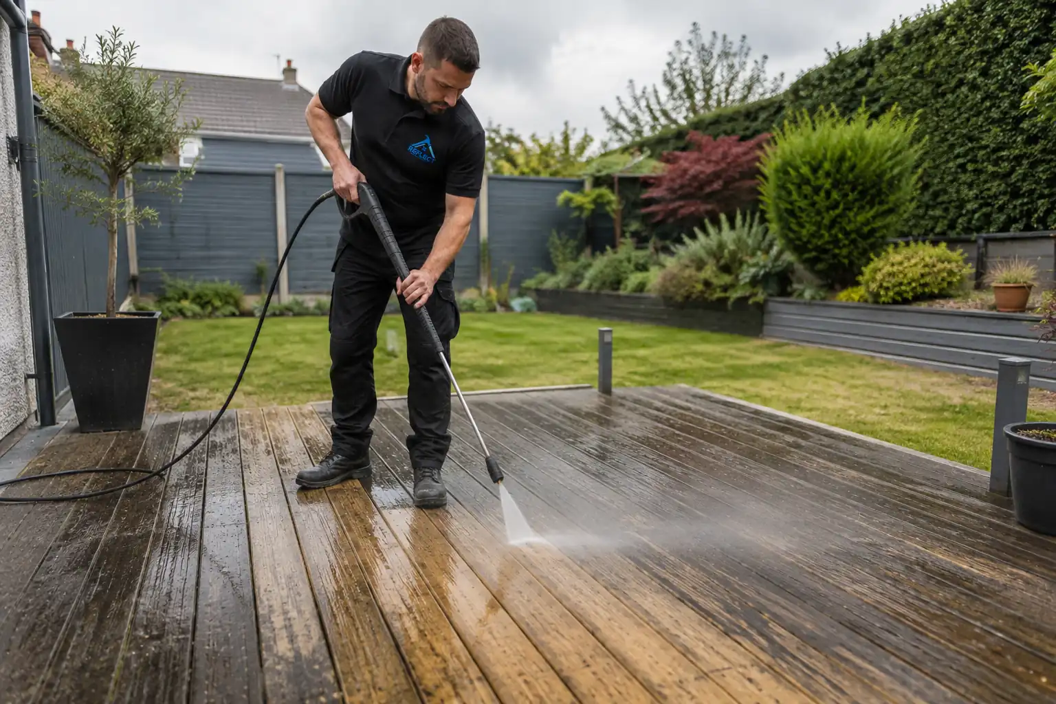 Weathered decking being pressure washed during restoration by Reflect General Maintenance