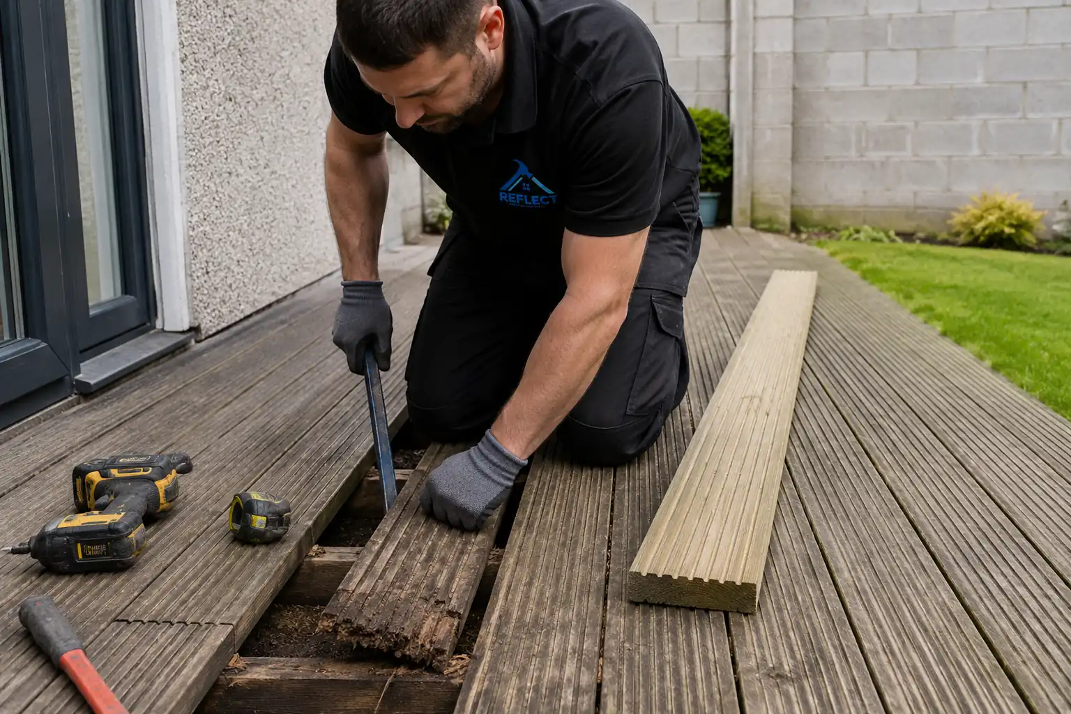 Rotten decking board being replaced during a deck repair by Reflect General Maintenance